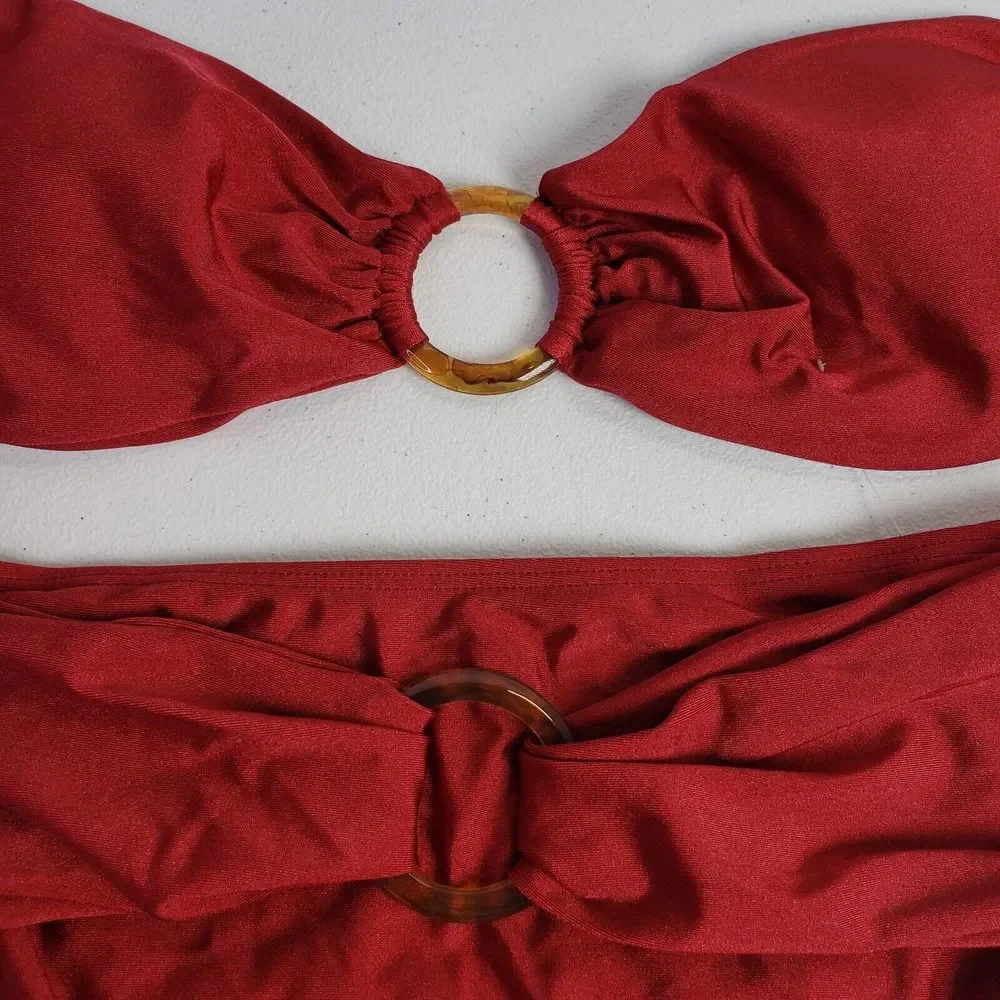 Peddney Women Ruffle Cutout Bandeau Bikini Swimsuit Tie Side Thong Two Piece - Picture 2 of 5